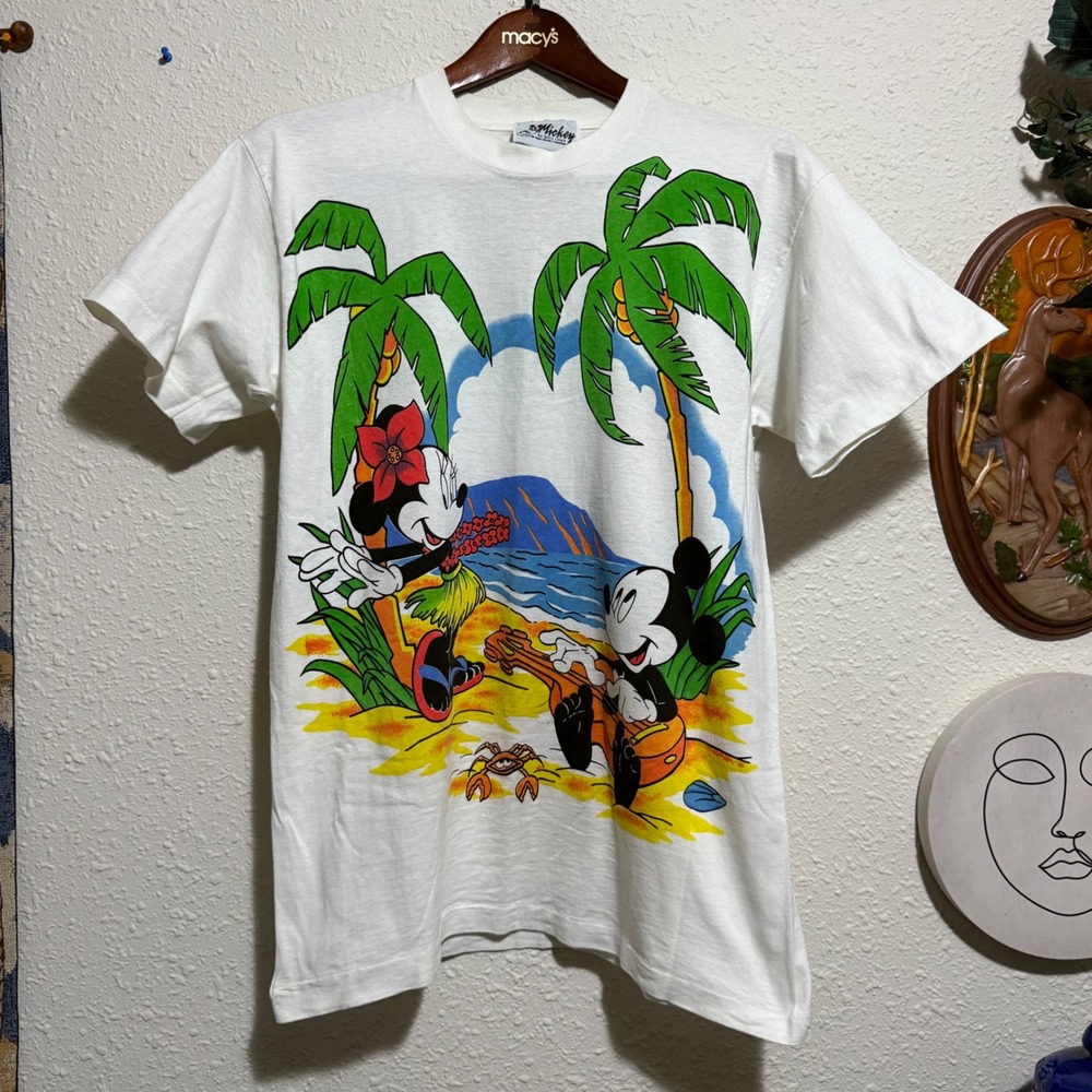 Vintage Mickey Mouse men's L T Shirt Hawaiian Vacation‎ single-stitched White